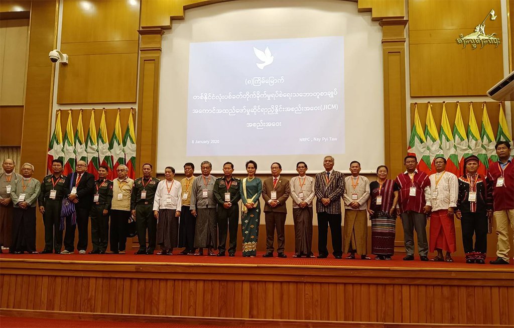 JIMC-meeting.jpg_1 Government representatives and the leaders of 10 ethnic armed organizations attend the 8th Joint Implementation Coordination Meeting on the Nationwide Ceasefire Agreement in Naypyitaw on Jan. 8, 2020.