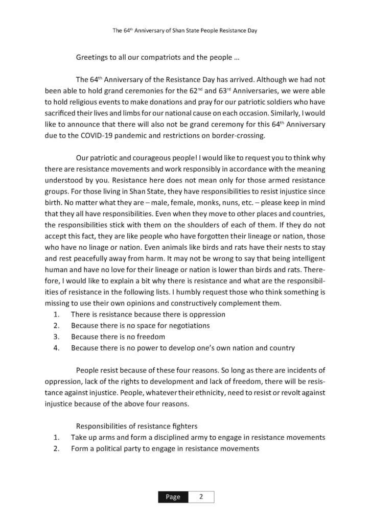 Message from RCSS Chairman,on the occasion of the 64th Anniversary of Shan State People Resistance Day