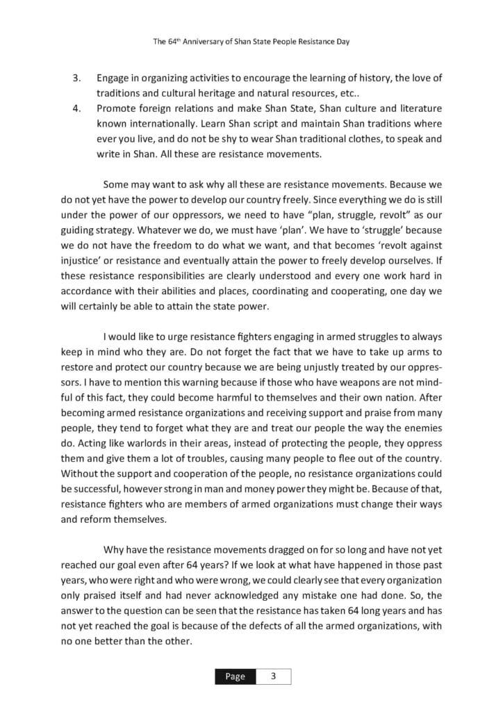 Message from RCSS Chairman,on the occasion of the 64th Anniversary of Shan State People Resistance Day