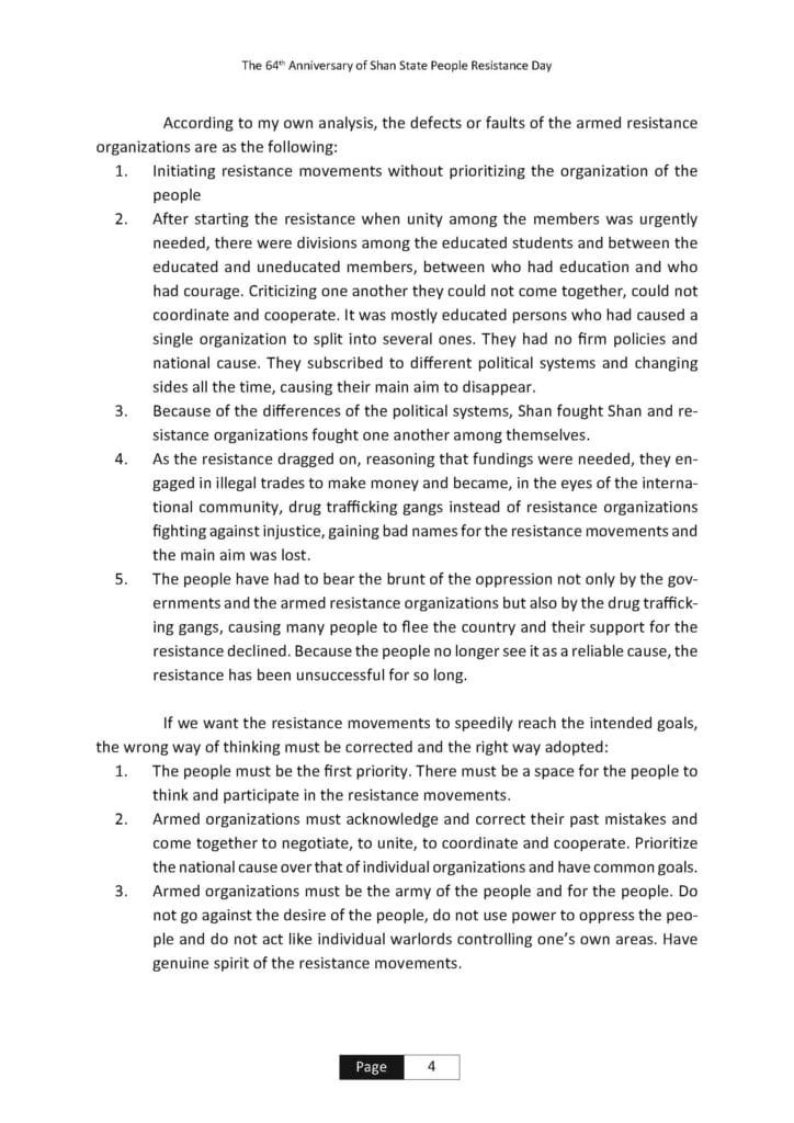 Message from RCSS Chairman,on the occasion of the 64th Anniversary of Shan State People Resistance Day