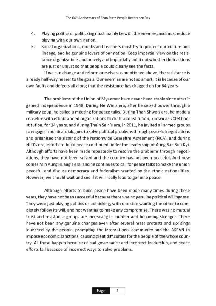 Message from RCSS Chairman,on the occasion of the 64th Anniversary of Shan State People Resistance Day