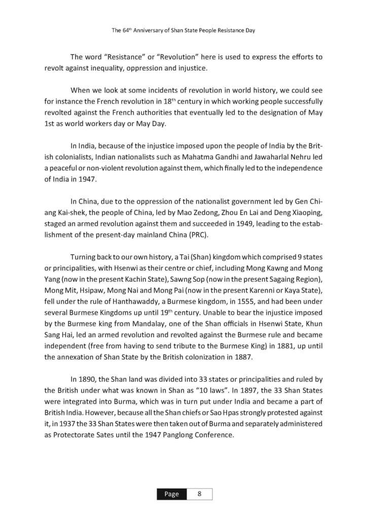 Message from RCSS Chairman,on the occasion of the 64th Anniversary of Shan State People Resistance Day