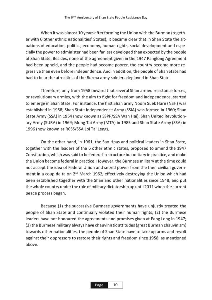 Message from RCSS Chairman,on the occasion of the 64th Anniversary of Shan State People Resistance Day