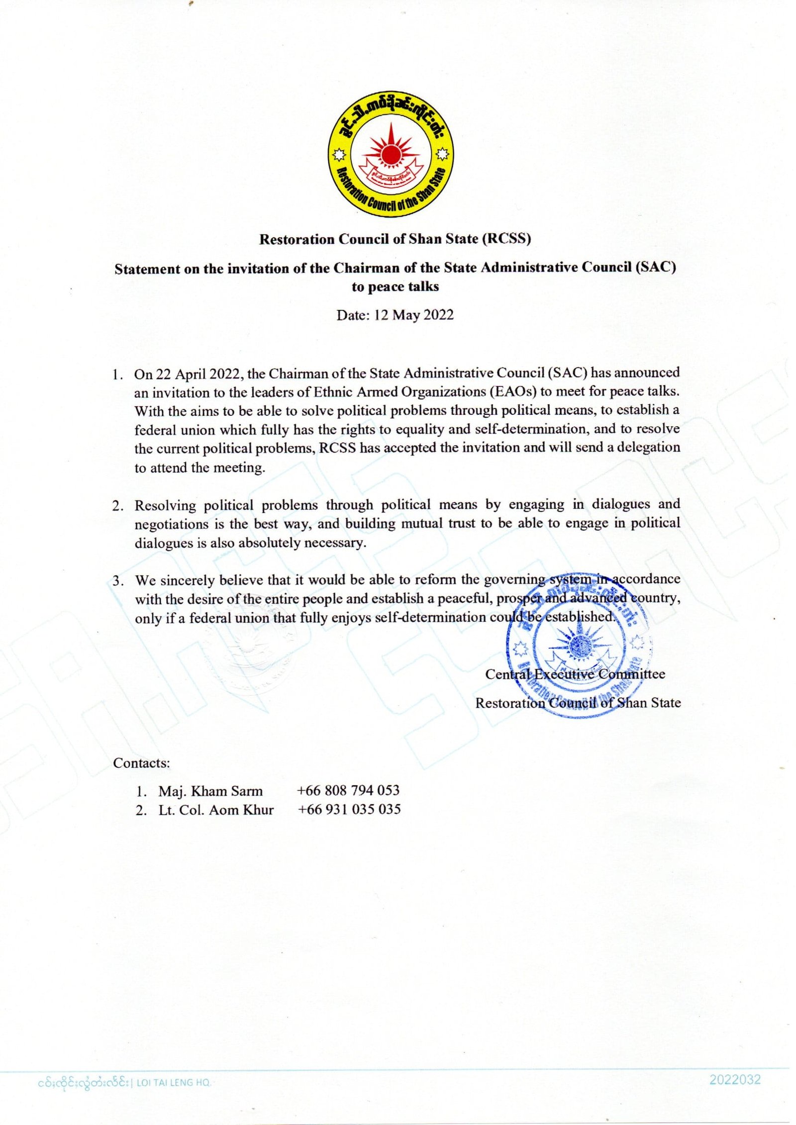 Restoration Council of Shan State statement of the invitation of SAC to peace talks