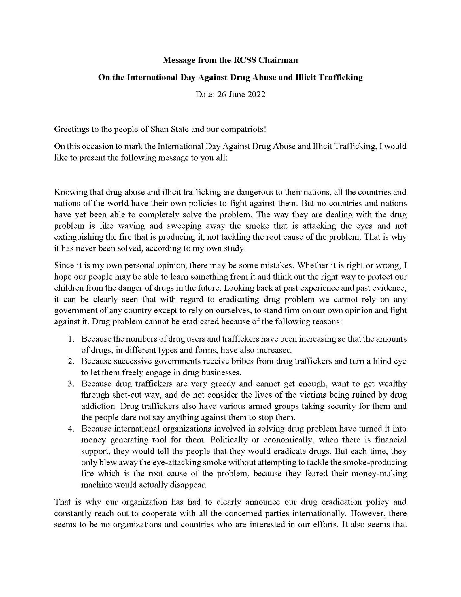 Message from RCSS Chairman,on on the International Day Against Drug Abuse and Illicit Trafficking Message from RCSS Chairman,on on the International Day Against Drug Abuse and Illicit Trafficking