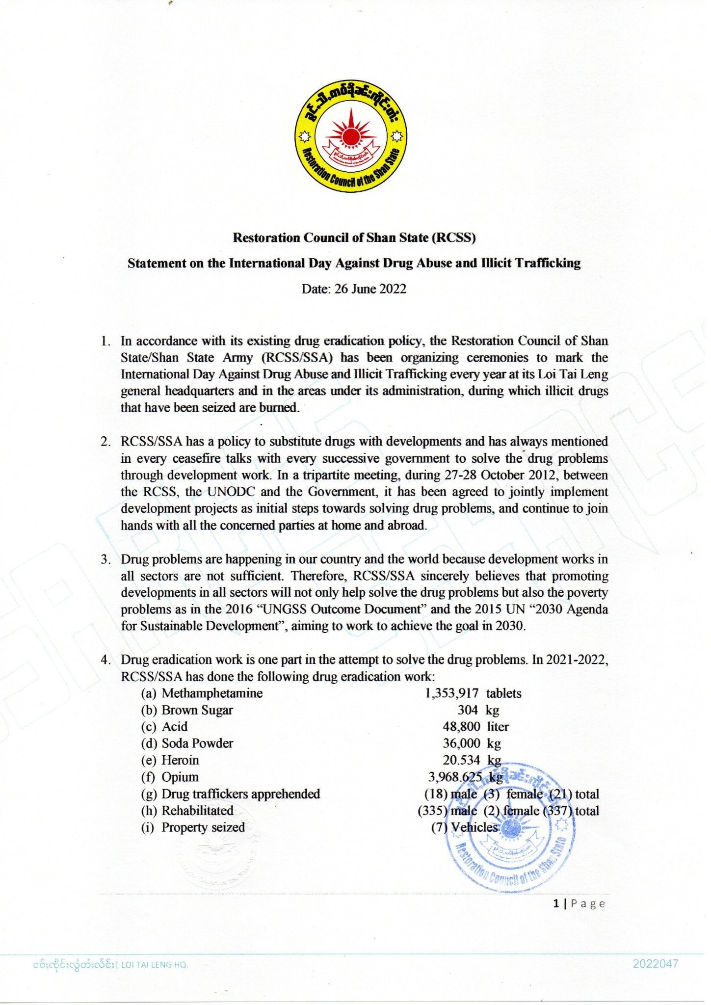Restoration Council of Shan State statement on the International Day Against Drug Abuse and Illicit Trafficking Restoration Council of Shan State statement on the International Day Against Drug Abuse and Illicit Trafficking