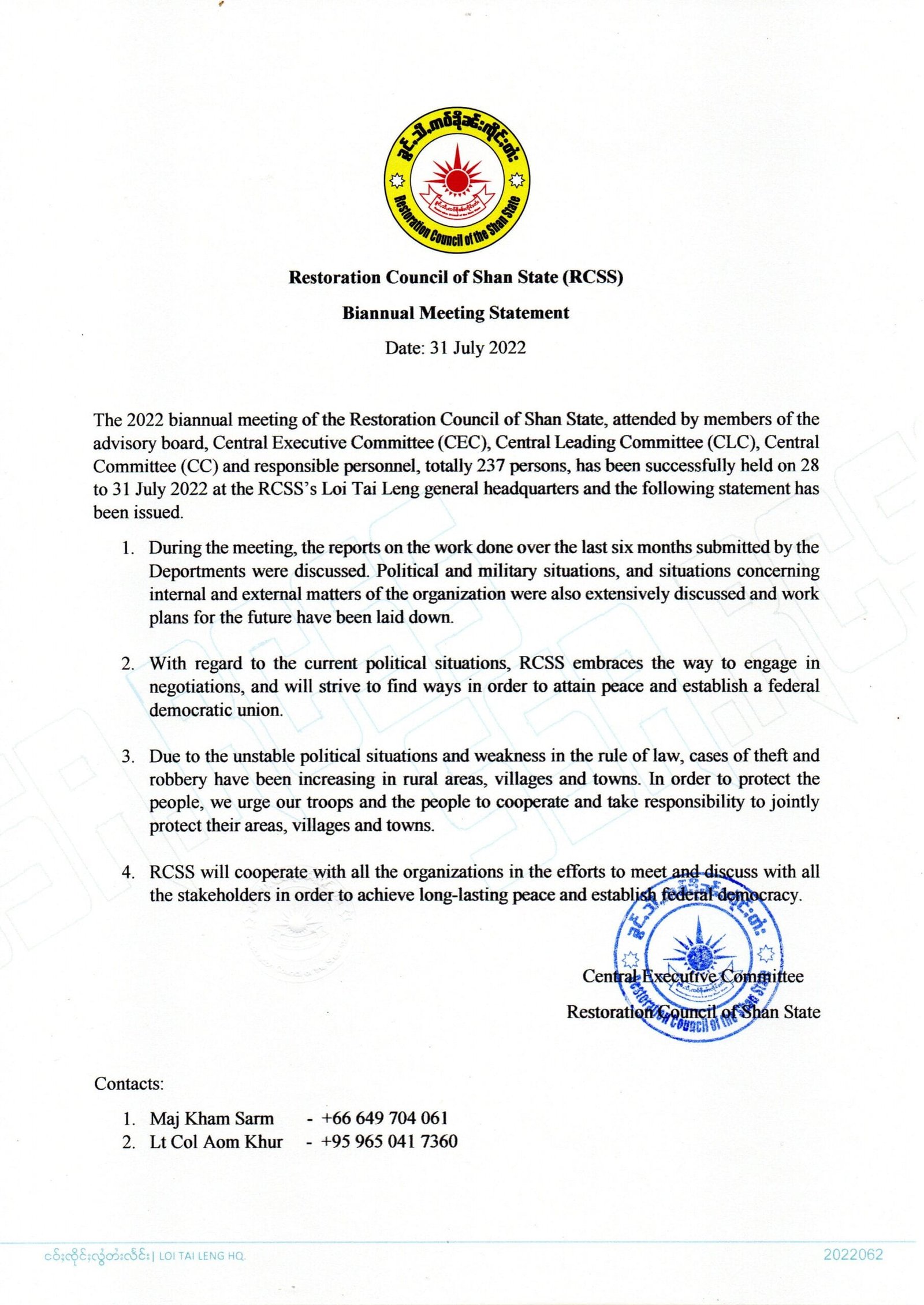 Restoration Council of Shan State statement on Biannual Meeting Restoration Council of Shan State statement on Biannual Meeting