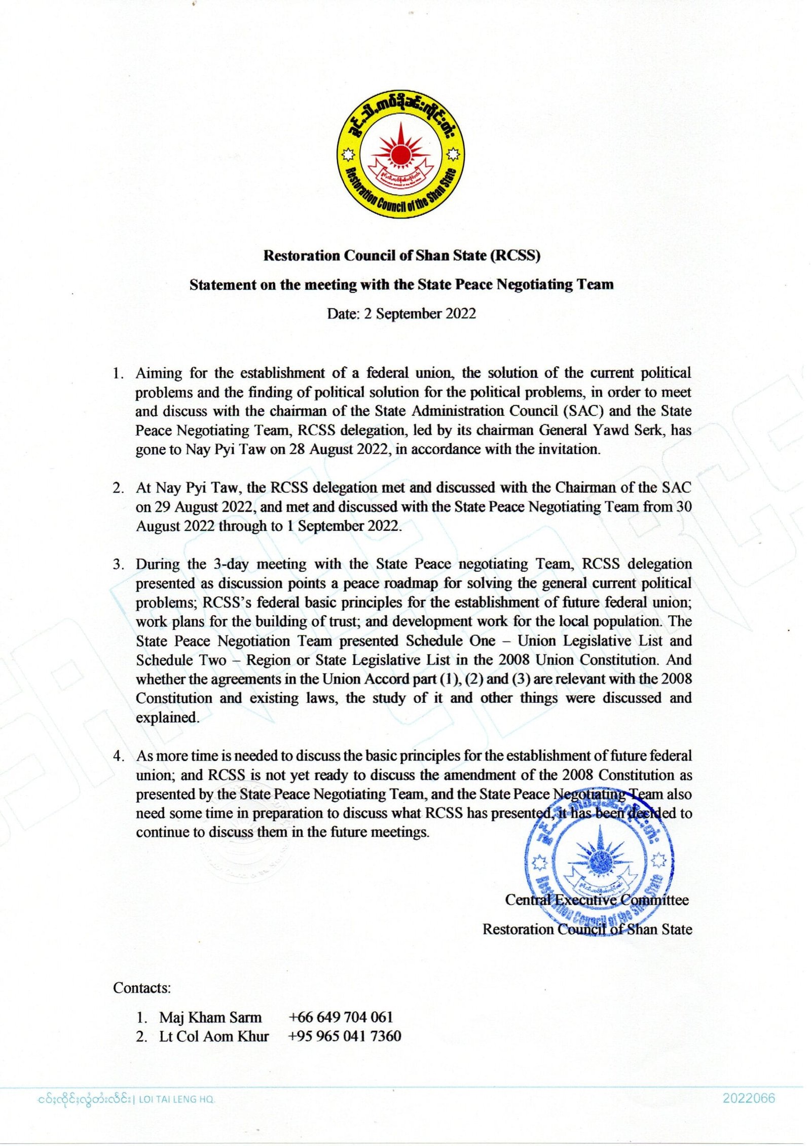 Restoration Council of Shan State statement on the meeting with the State Peace Negotiating Team