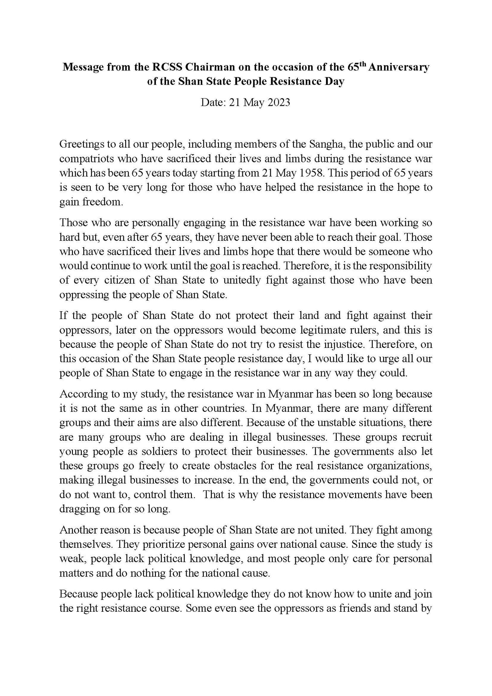 Message from the RCSS Chairman of the occasion of the 65th Anniversary of the Shan State People Resistance Day