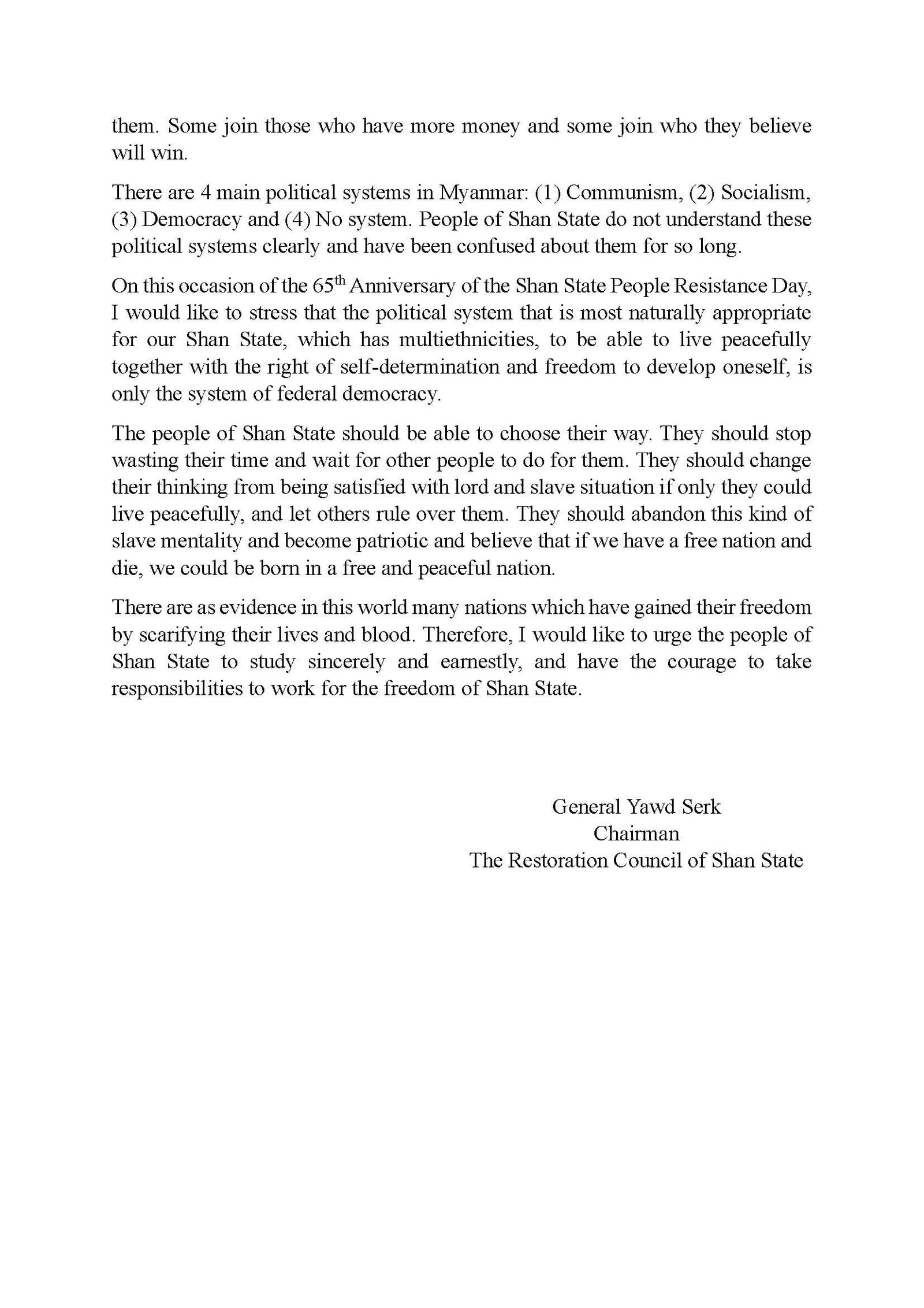 Message from the RCSS Chairman of the occasion of the 65th Anniversary of the Shan State People Resistance Day