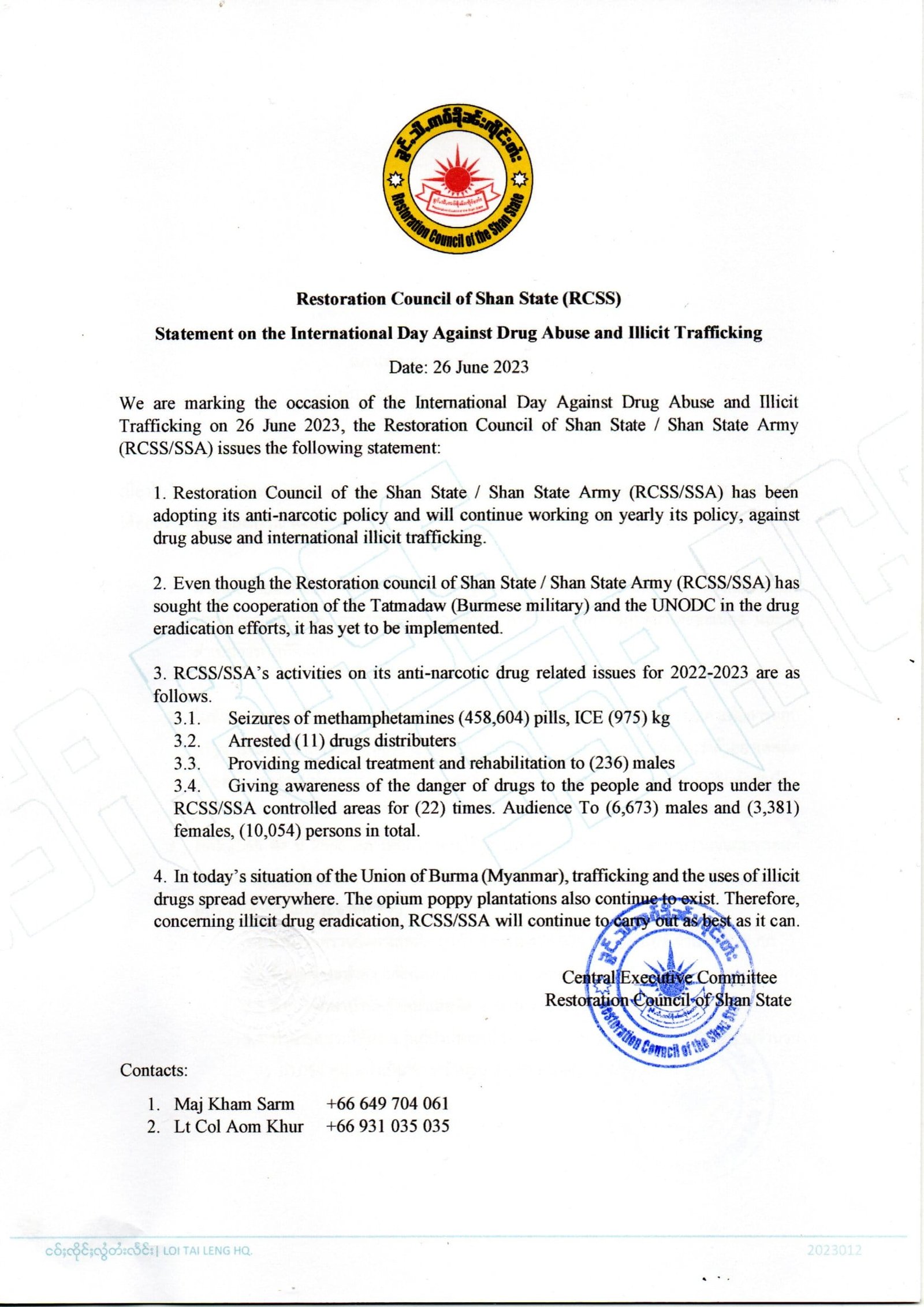 Restoration Council of Shan State statement on International Day Abuse and Illicit Trafficking