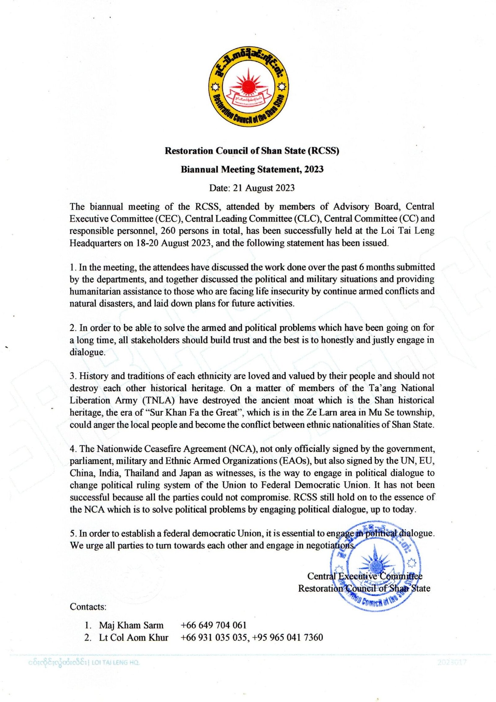 Restoration Council of Shan State statement on Biannual Meeting Statement,2023