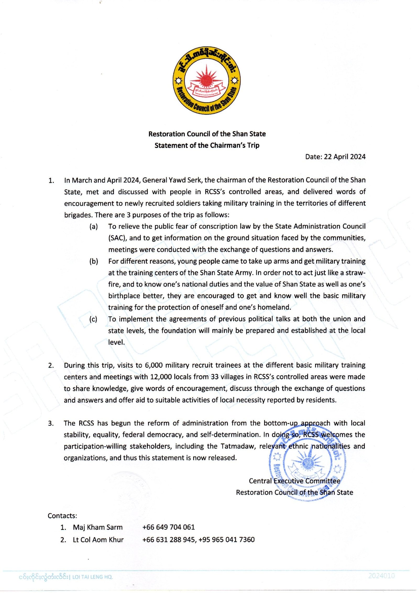 Restoration Council of the Shan State Statement of the Chairman’s Trip Restoration Council of the Shan State Statement of the Chairman’s Trip
