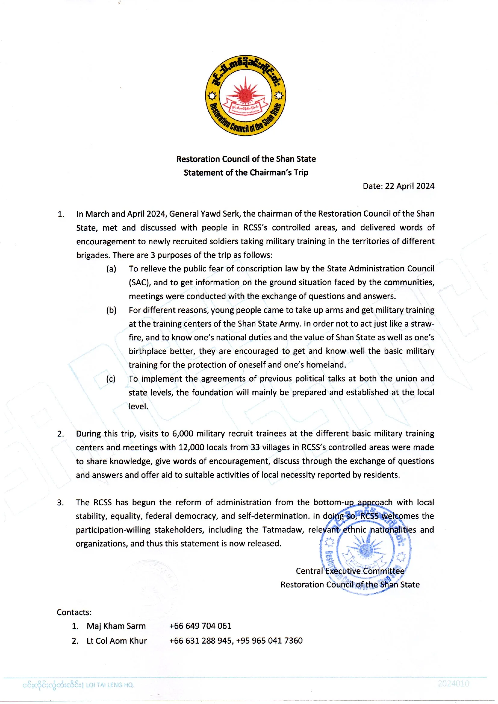 Restoration Council of the Shan State Statement of the Chairman’s Trip