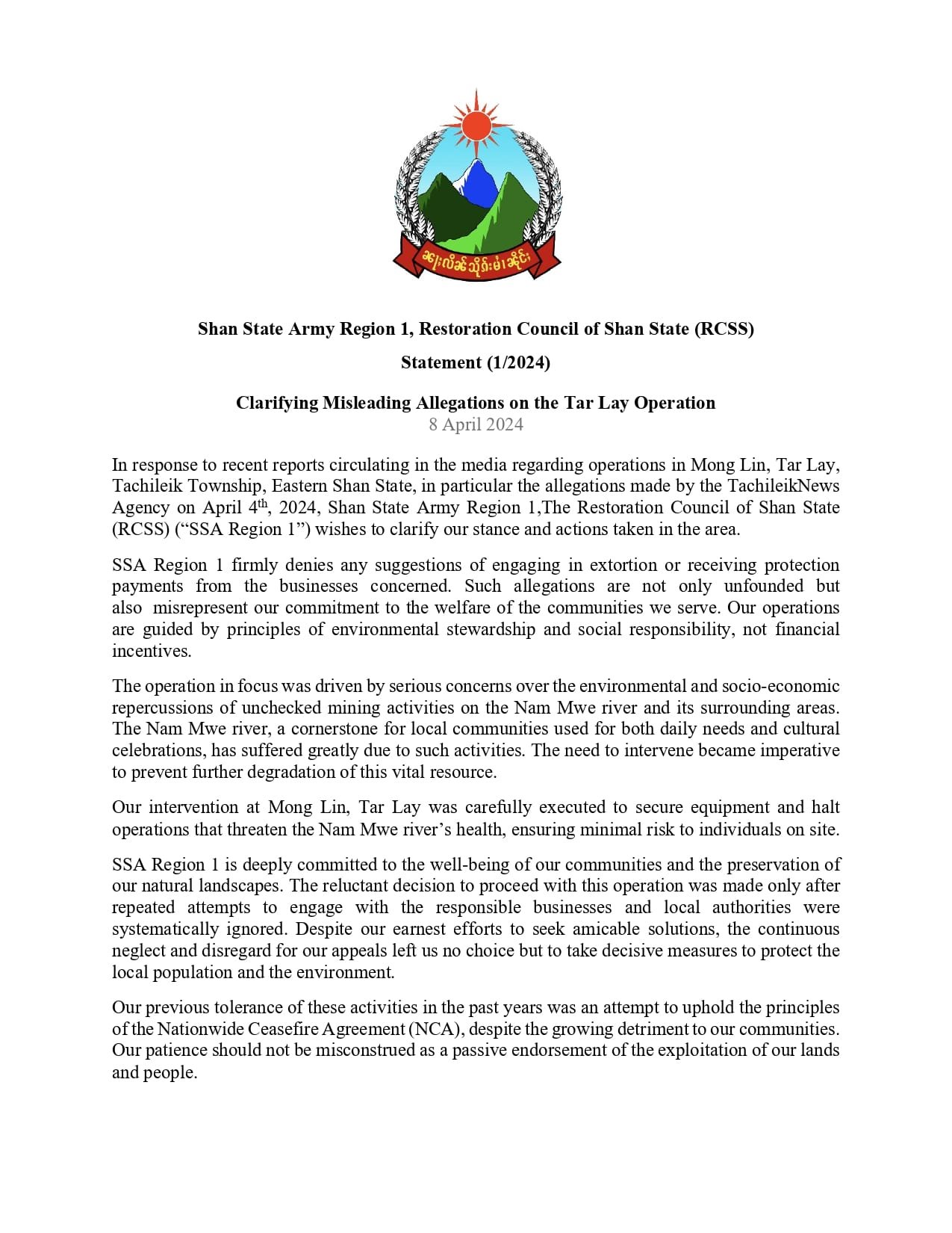 Shan State Army Regoin 1 Statement on Clarifying Misleading Allegations on the Tar Lay Operation