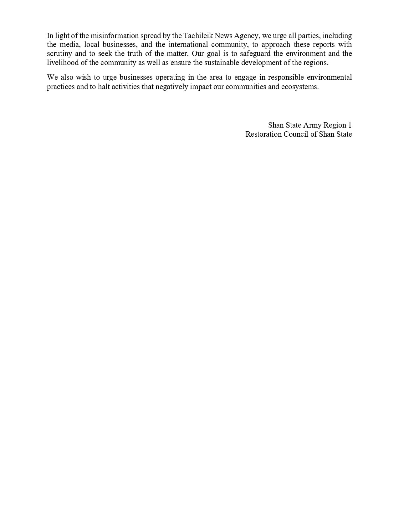 Shan State Army Regoin 1 Statement on Clarifying Misleading Allegations on the Tar Lay Operation