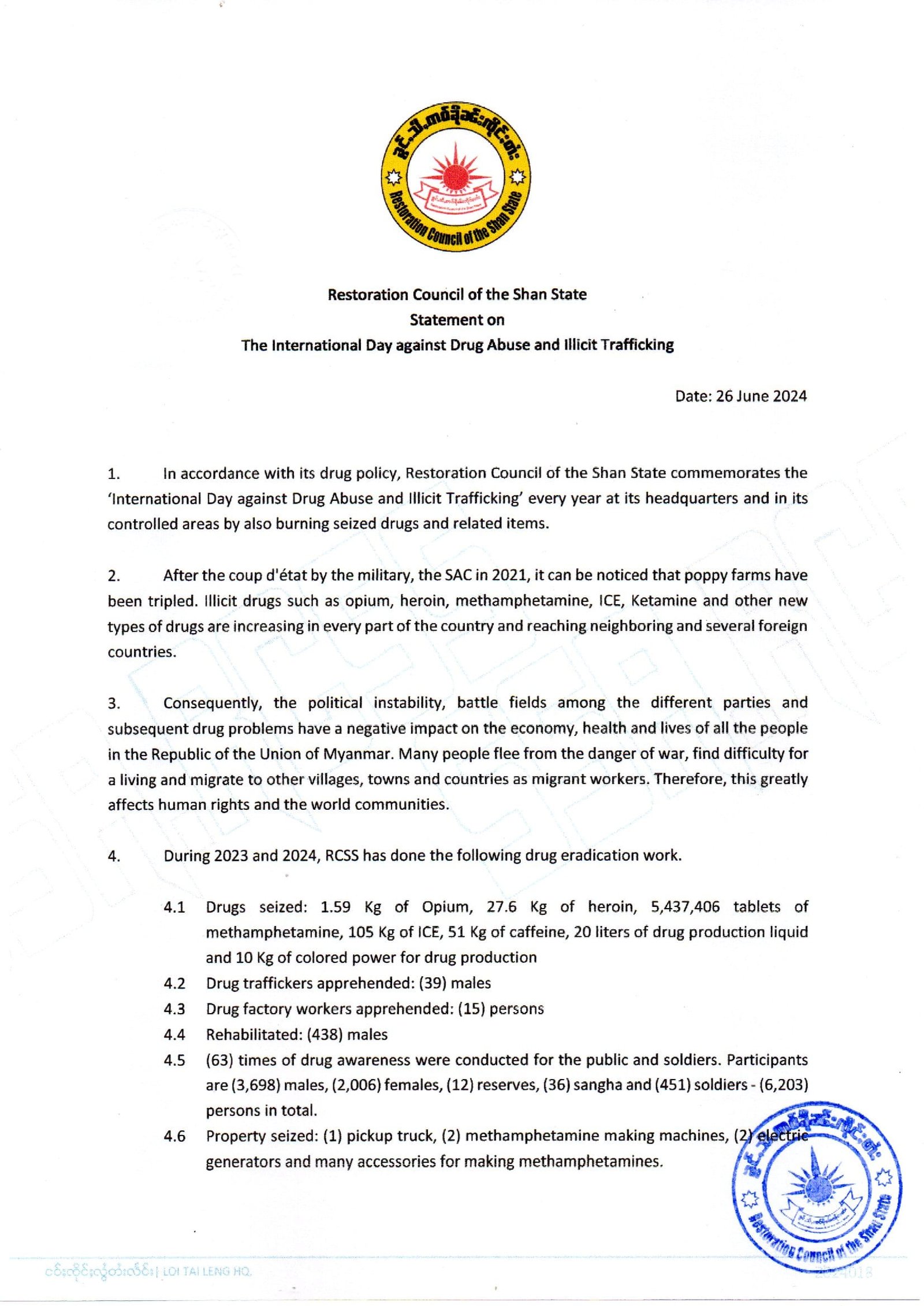 Restoration Council of the Shan State Statement on The International Day against Drug Abuse and Illicit Trafficking Restoration Council of the Shan State Statement on The International Day against Drug Abuse and Illicit Trafficking