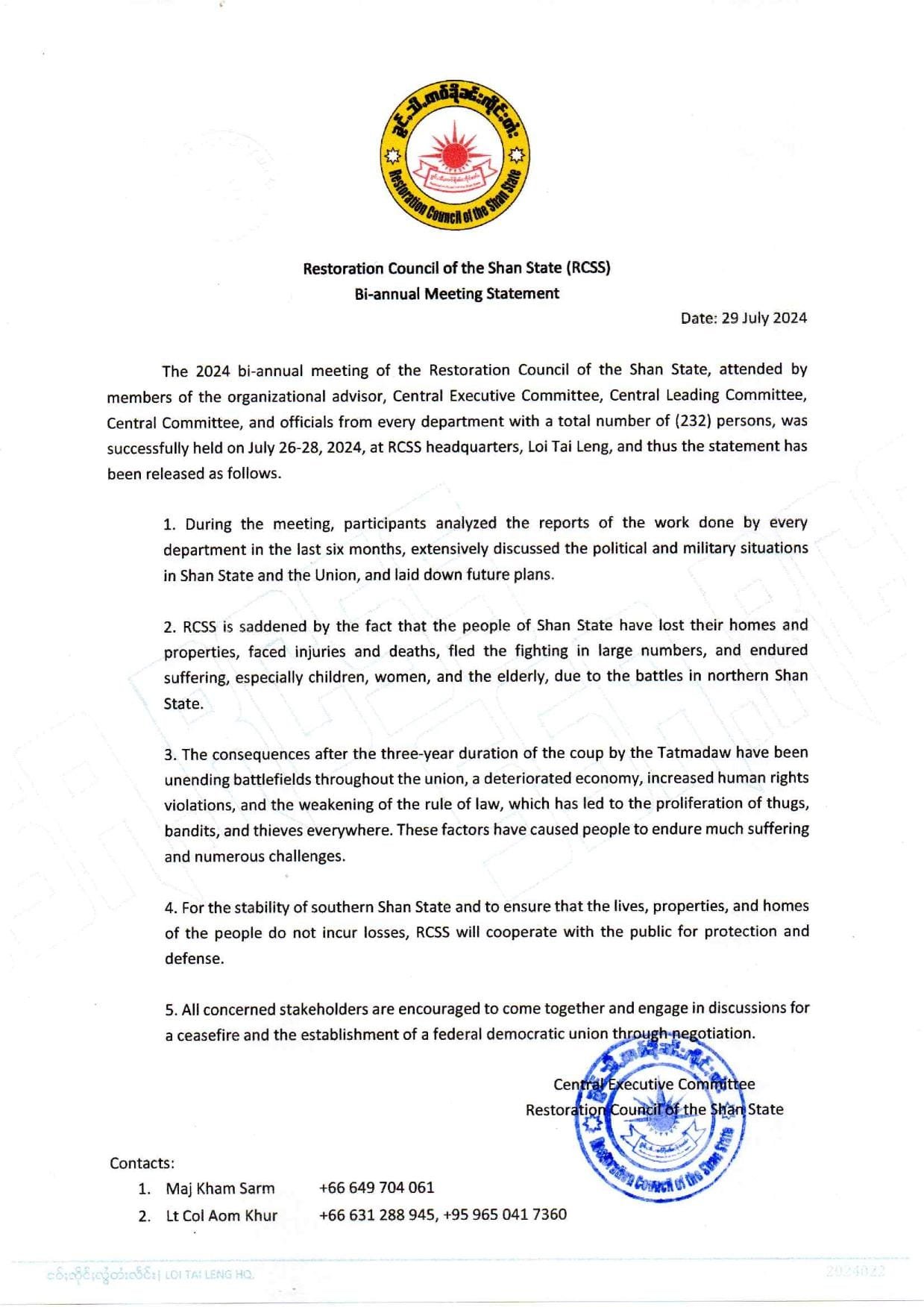 Restoration Council of the Shan State (RCSS) Bi-annual Meeting Statement