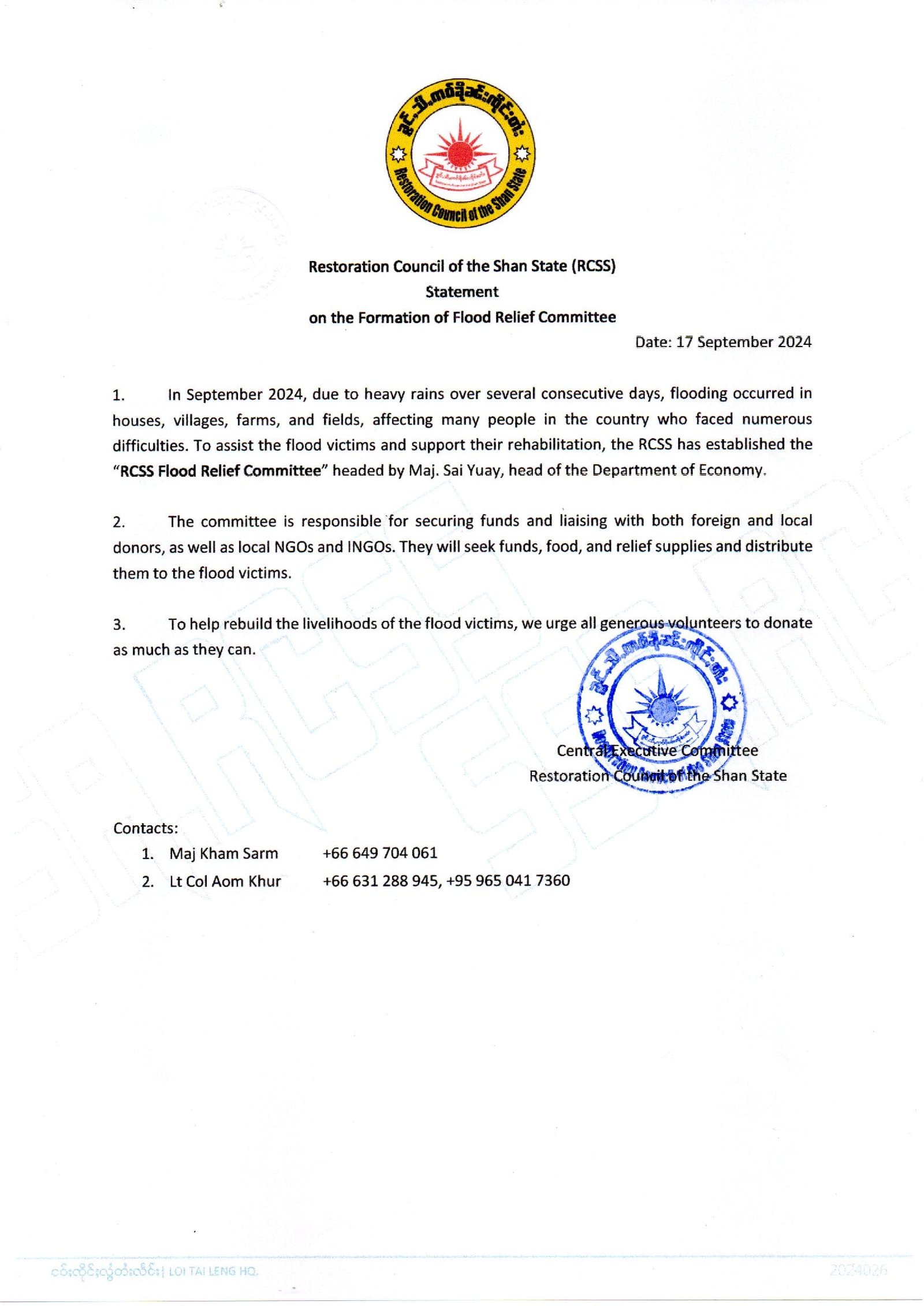 Restoration Council of the Shan State (RCSS) Statement on the Formation of Flood Relief Committee Restoration Council of the Shan State (RCSS) Statement on the Formation of Flood Relief Committee