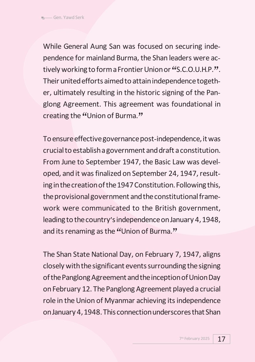 Message from the Chairman of Restoration Council of the Shan State (RCSS) on the 78th Shan State National Day