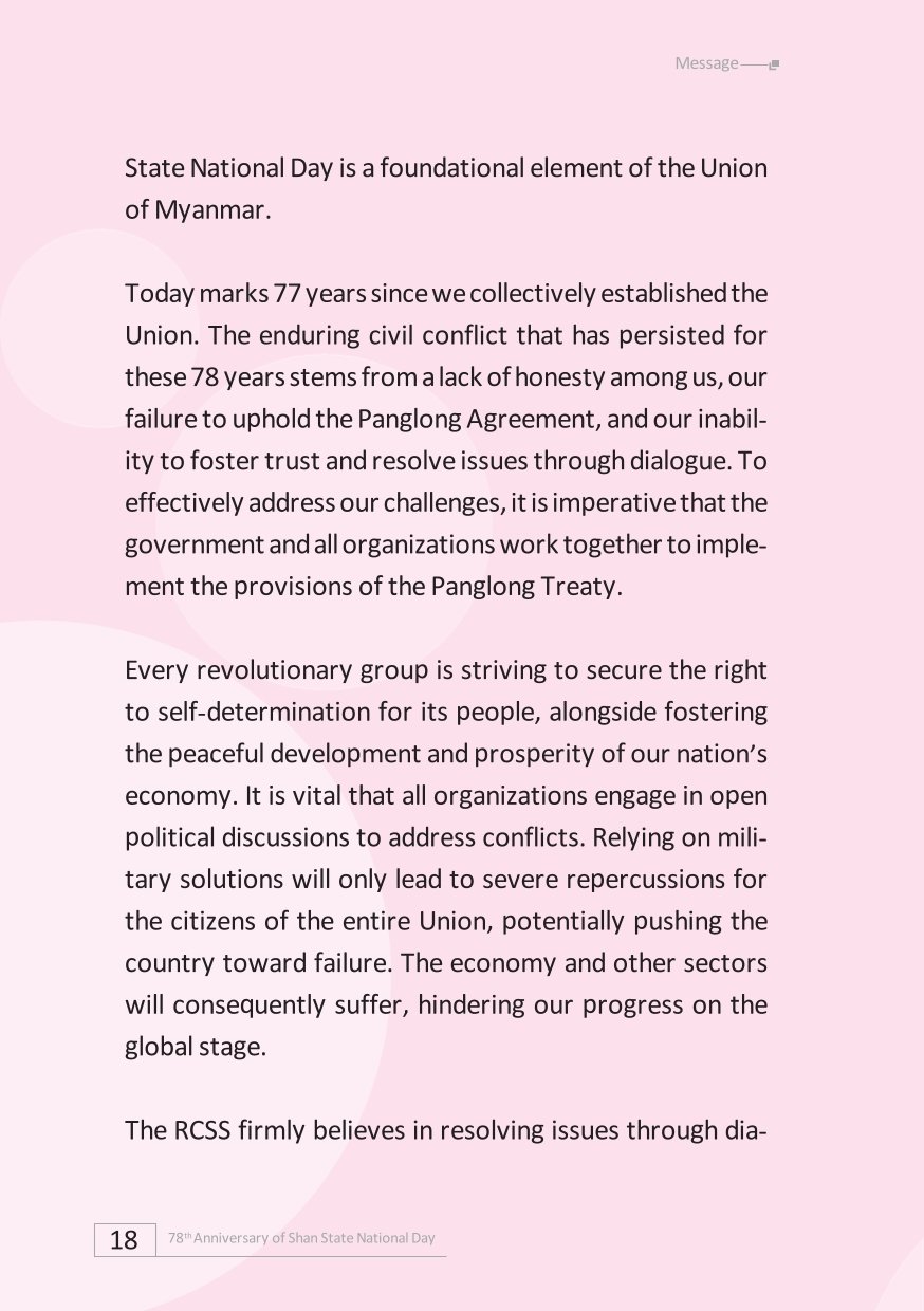 Message from the Chairman of Restoration Council of the Shan State (RCSS) on the 78th Shan State National Day