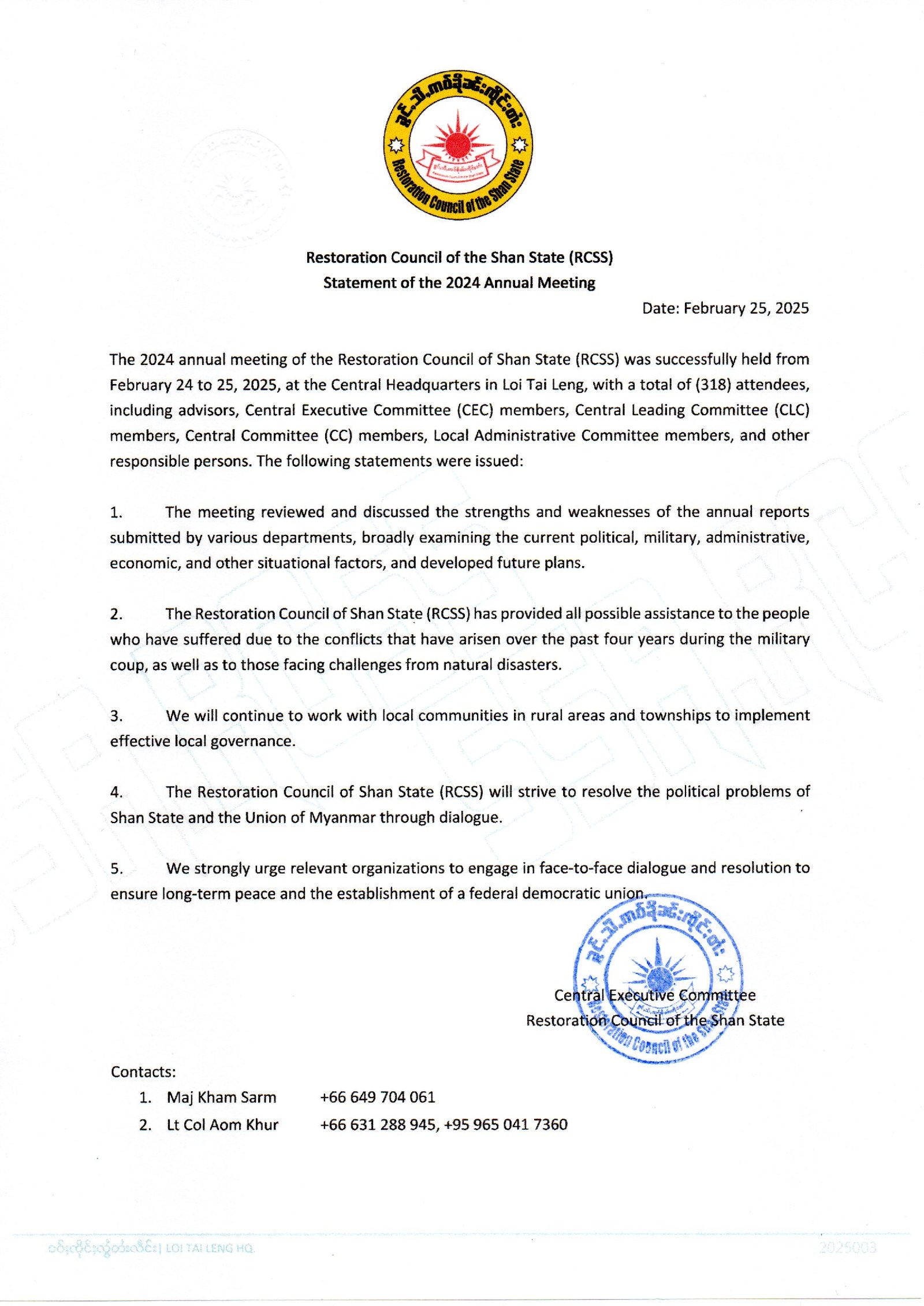 Restoration Council of the Shan State (RCSS) Statement of the 2024 Annual Meeting Restoration Council of the Shan State (RCSS) Statement of the 2024 Annual Meeting