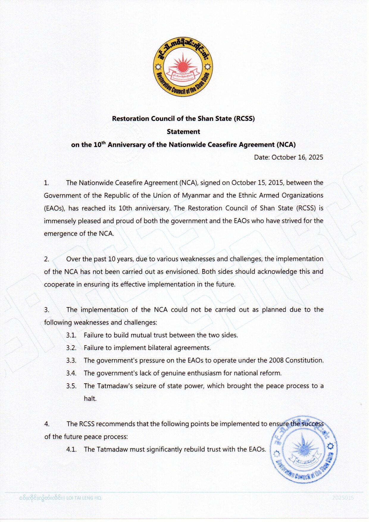 Statement on the 10th Anniversary of the Nationwide Ceasefire Agreement (NCA)