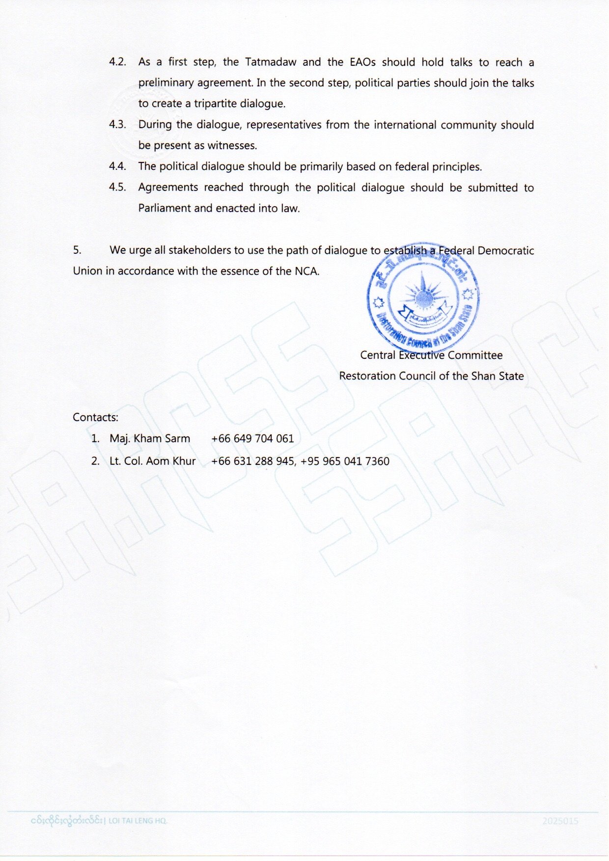 Statement on the 10th Anniversary of the Nationwide Ceasefire Agreement (NCA)