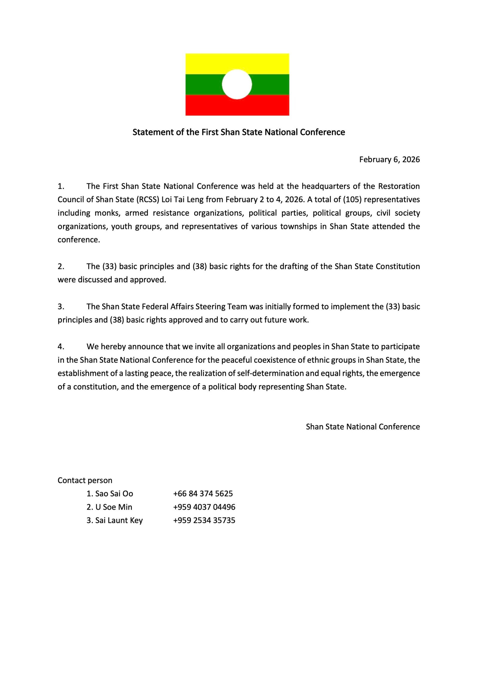 Statement of the First Shan State National Conference