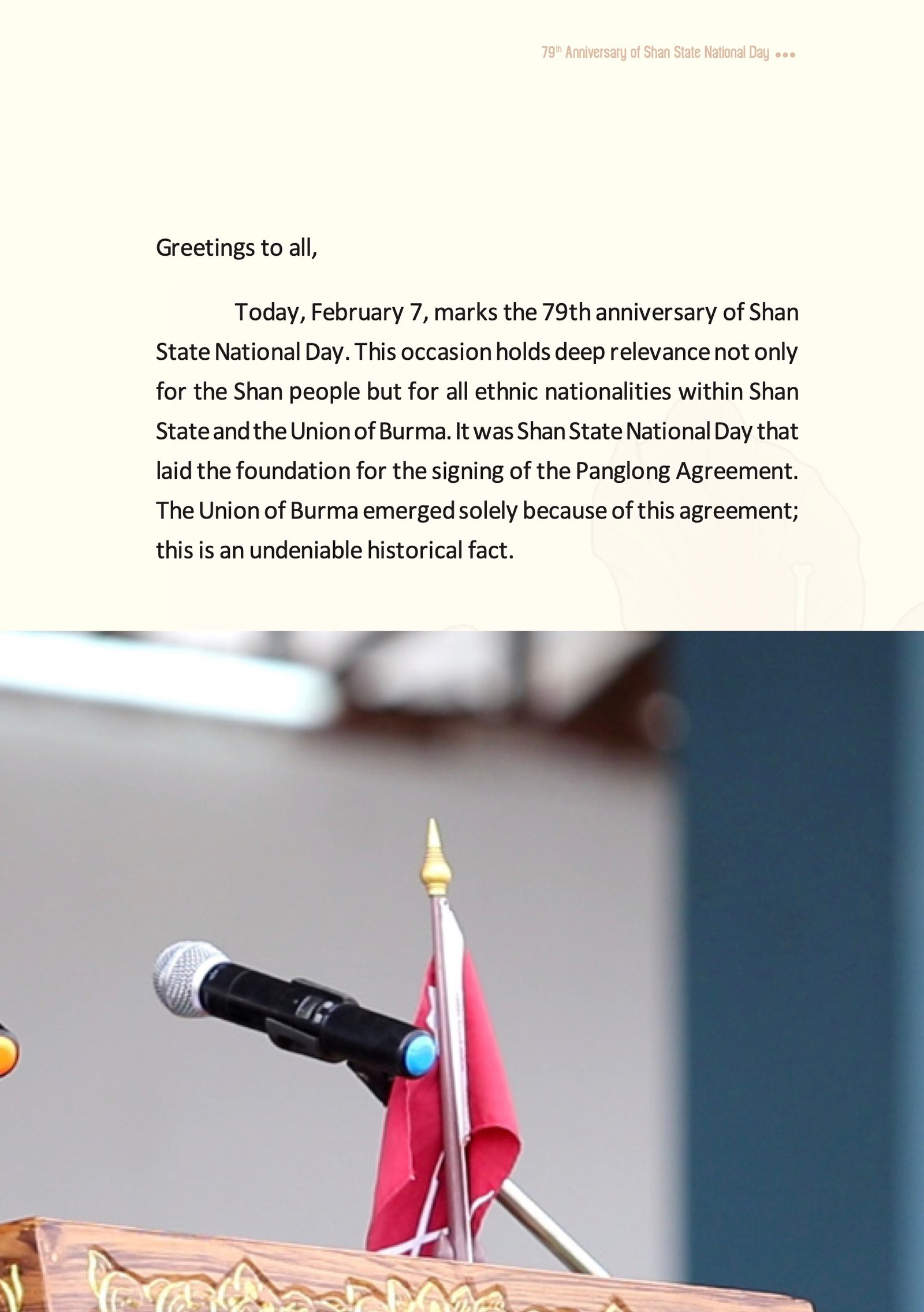 MESSAGE FROM THE CHAIRMAN OF THE RESTORATION COUNCIL OF SHAN STATE (RCSS) ON THE 79th ANNIVERSARY OF SHAN STATE NATIONAL DAY